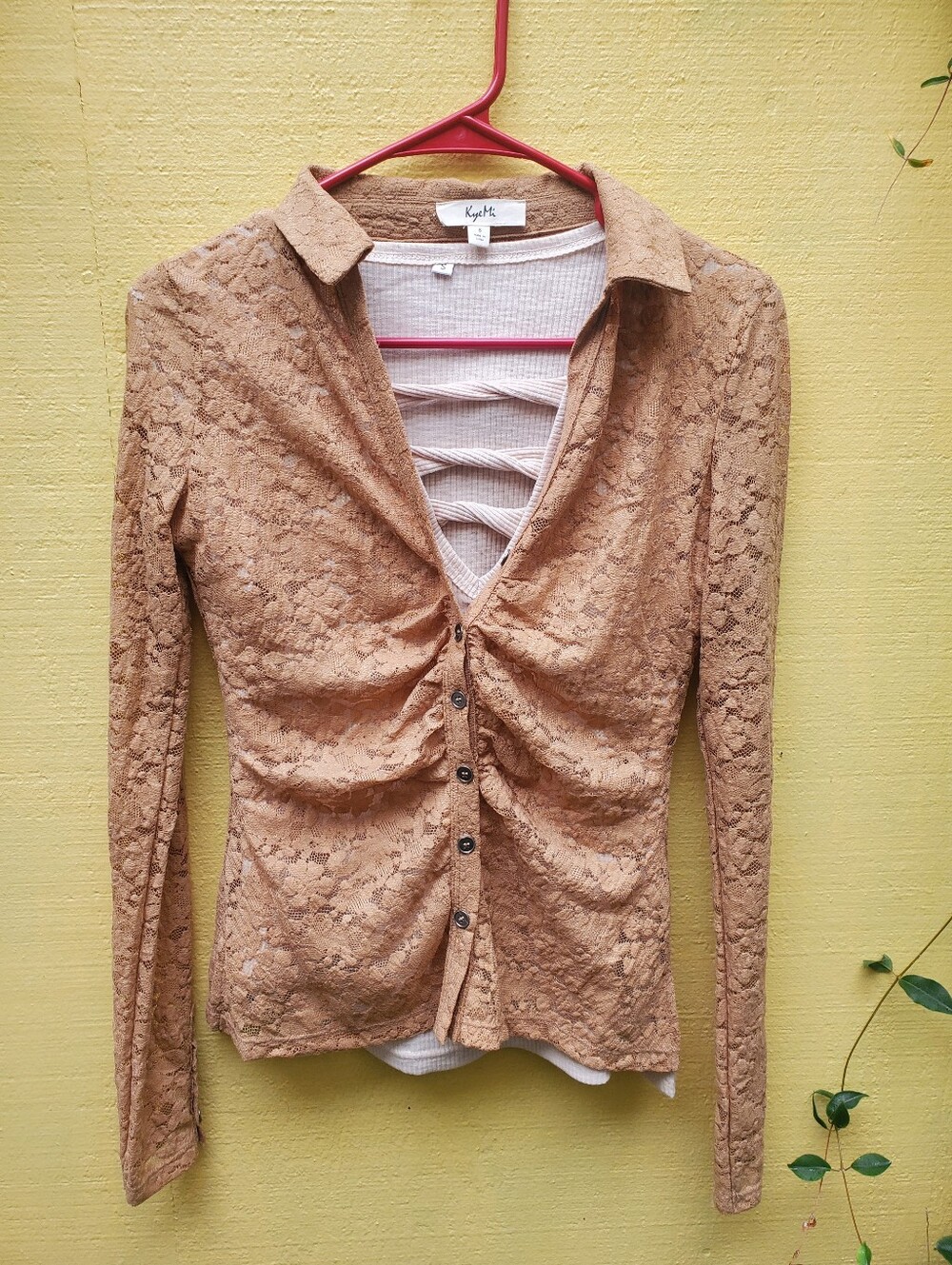 KnitMe Women's Lace Button-Front Shirt in Tan